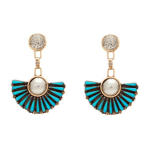 A pair of drop earrings with turquoise fan and two grey diamond round stones set in yellow gold.
