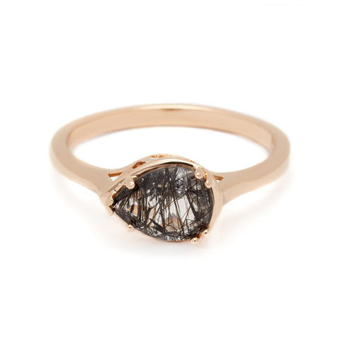 A pear shaped ring with a black rutilated stone set in rose gold., Rose Gold 3