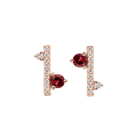 A pair of straight line of white diamond pave with a garnet accent stone on one side earrings set in rose gold., Rose Gold 3