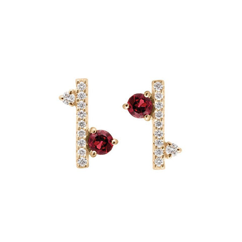 A pair of straight line of white diamond pave with a garnet accent stone on one side earrings set in yellow gold., Yellow Gold