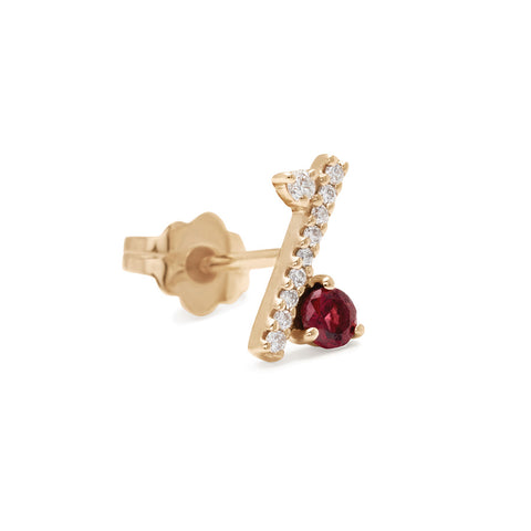 An angled view of a single straight line of white diamond pave with a garnet accent stone on one side earring set in yellow gold., Yellow Gold 2