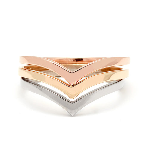 Three solid gold nesting bands in rose, yellow, and white gold. Available in Yellow Gold, Rose Gold, White Gold. 6