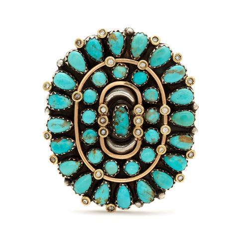 Oval Turquoise concho harness ring set in yellow gold.