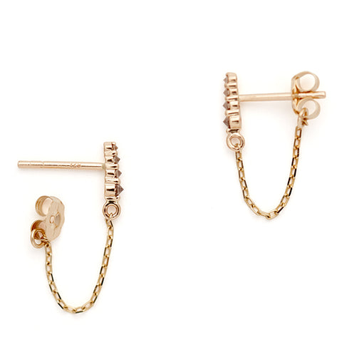 Side view of a pair of earrings with four champagne diamonds with a chain connecting to the ear back set in yellow gold., Yellow Gold 2